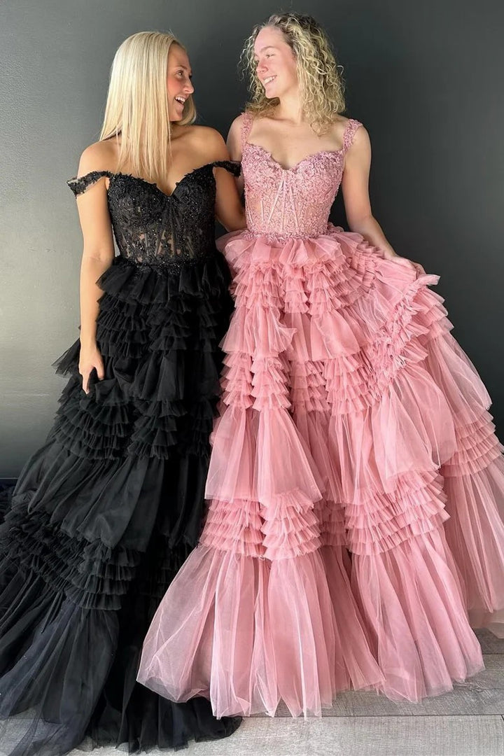 Lumidress Glamorous Red Off-Shoulder Applique Corset Ball Gown with Tiered Ruffle Skirt