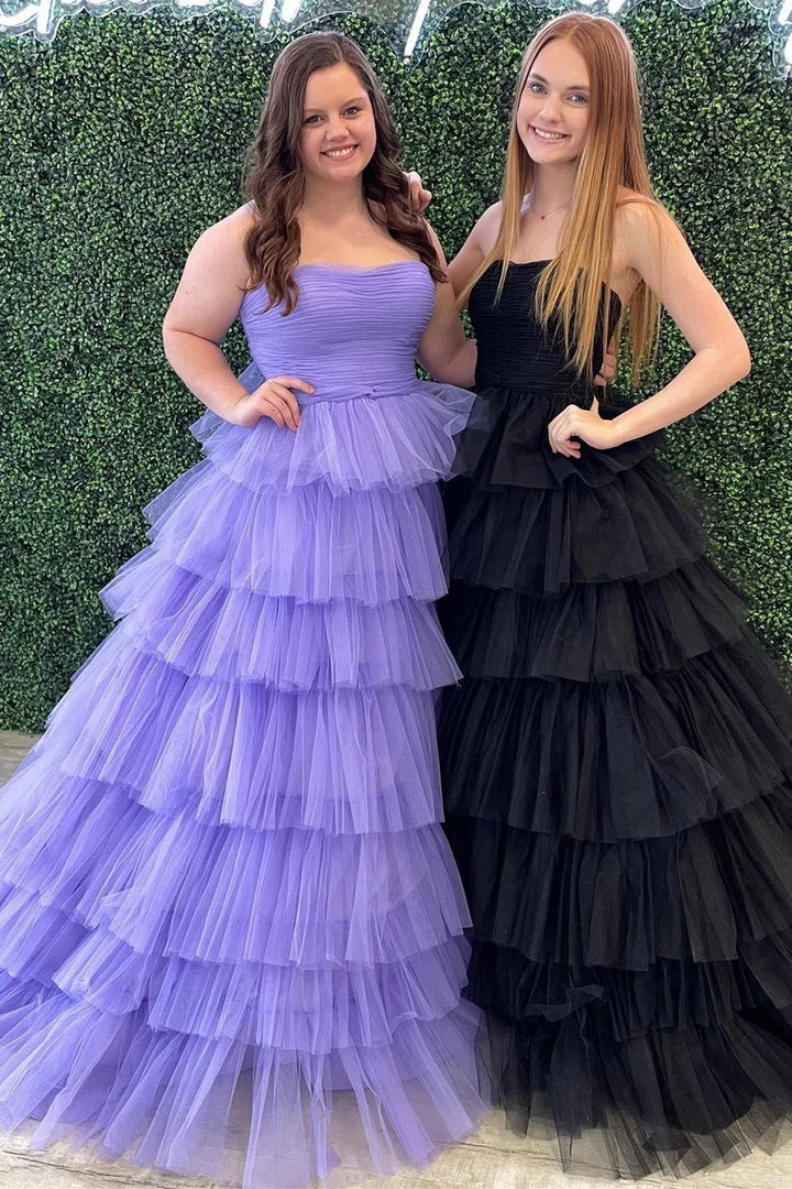 Lumidress Off-Shoulder Tiered Tulle A-Line Long Prom Dress with Ruffles