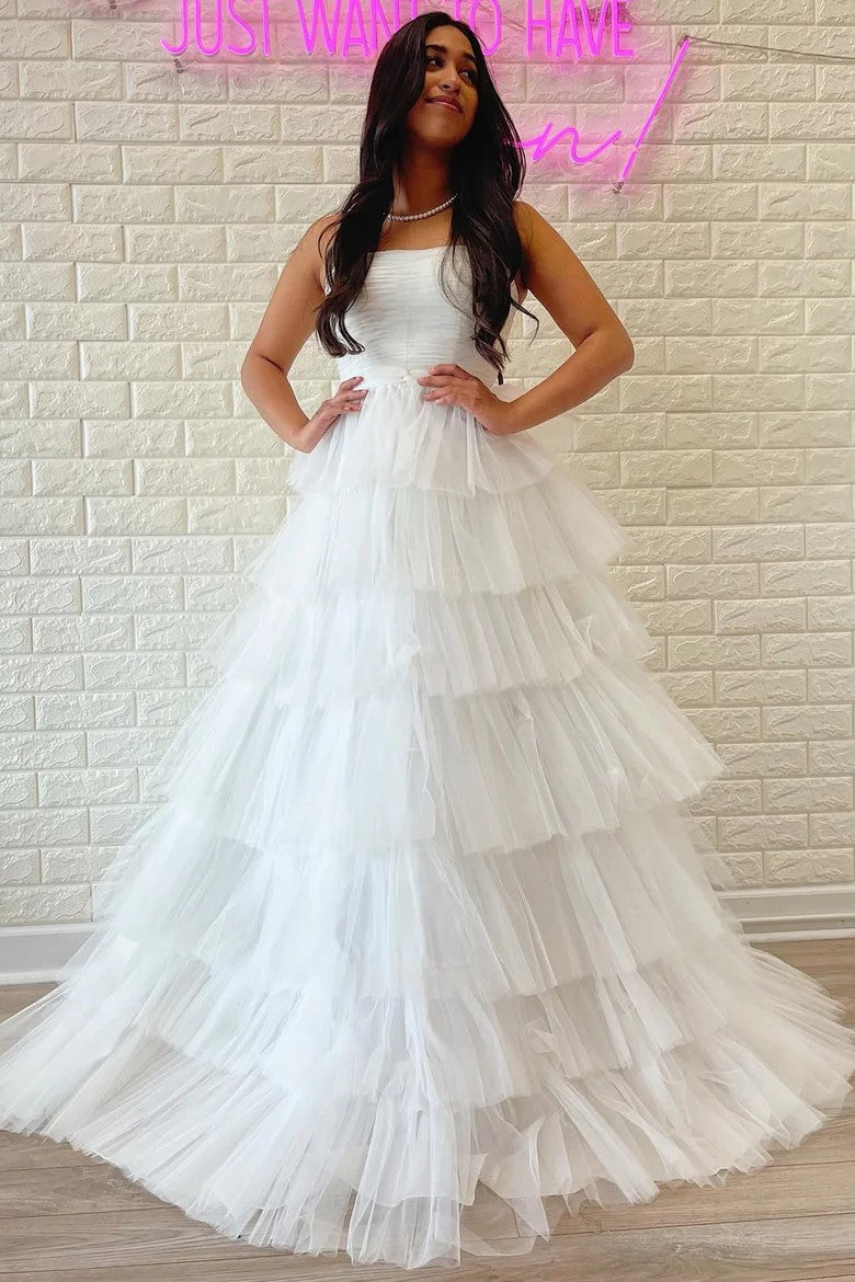 Lumidress Off-Shoulder Tiered Tulle A-Line Long Prom Dress with Ruffles