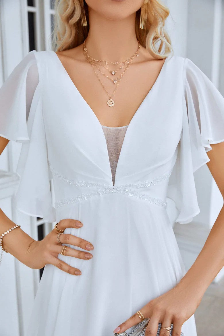 Lumidress Elegant White Chiffon V-Neck A-Line Maxi Dress with Flare Sleeves