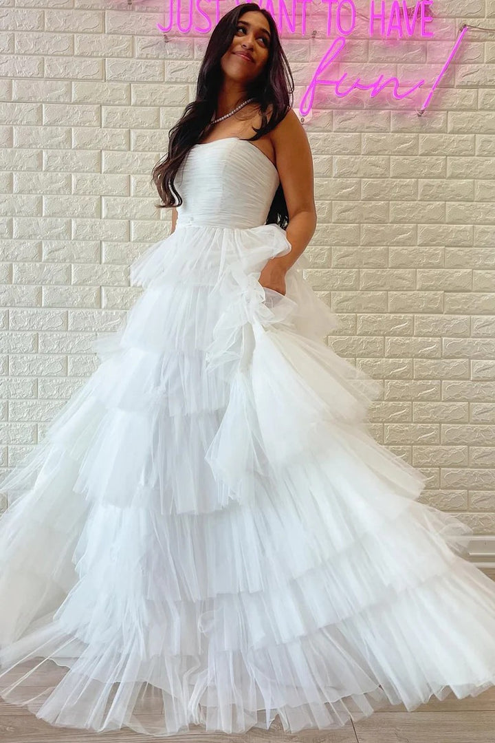 Lumidress Off-Shoulder Tiered Tulle A-Line Long Prom Dress with Ruffles