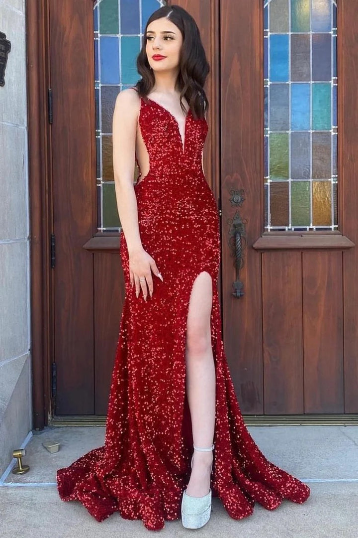 Lumidress Glamorous Red Sequin Mesh Mermaid Formal Dress with Side Slit