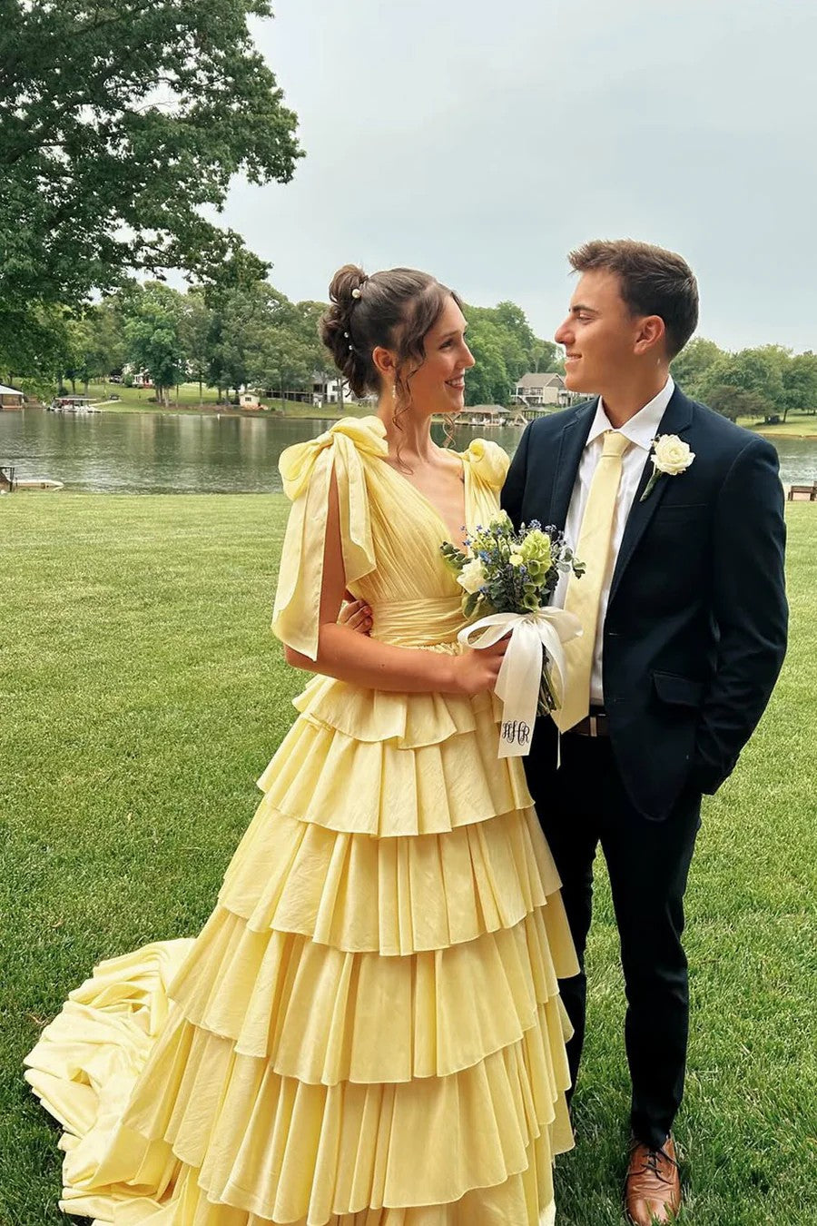 Lumidress Sunshine Yellow Tiered Ruffle A-Line Evening Gown with Bow-Tie Shoulders