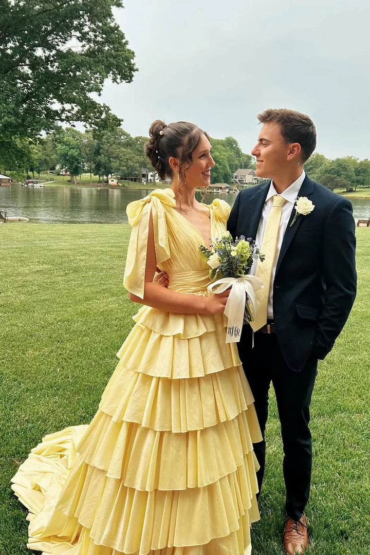 Lumidress Sunshine Yellow Tiered Ruffle A-Line Evening Gown with Bow-Tie Shoulders
