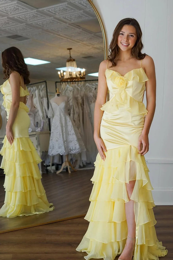 Lumidress Sunlit Romance Yellow Tiered Mermaid Evening Gown