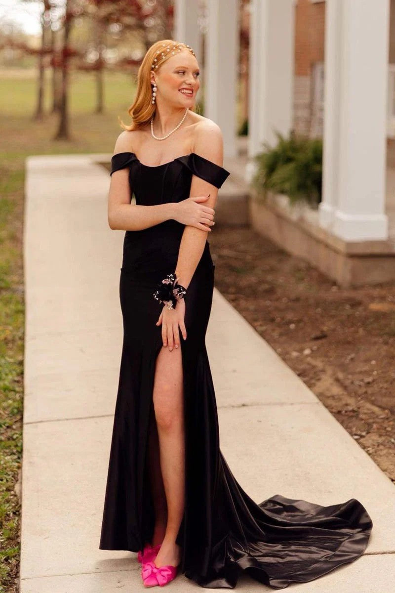 Lumidress Black Satin Off-the-Shoulder Mermaid Long Prom Dress