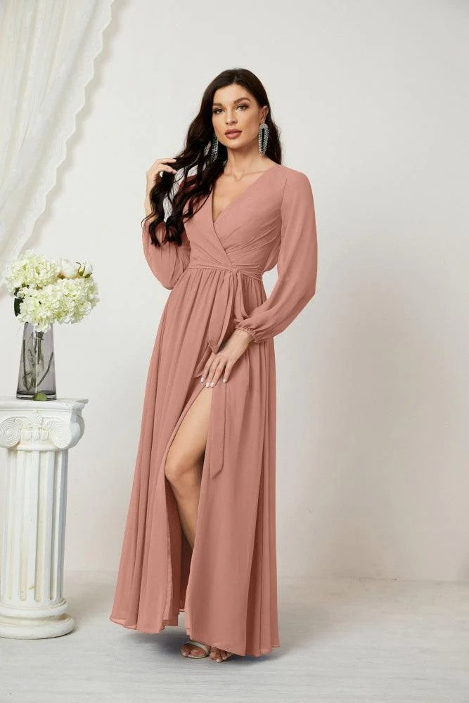 Lumidress Deep V-Neck Chiffon Evening Dress with Bishop Sleeves &amp; Side Slit