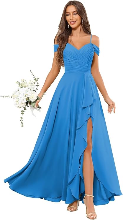 Lumidress Elegant Off-the-Shoulder Chiffon Bridesmaid Dress with Slit for Formal Events