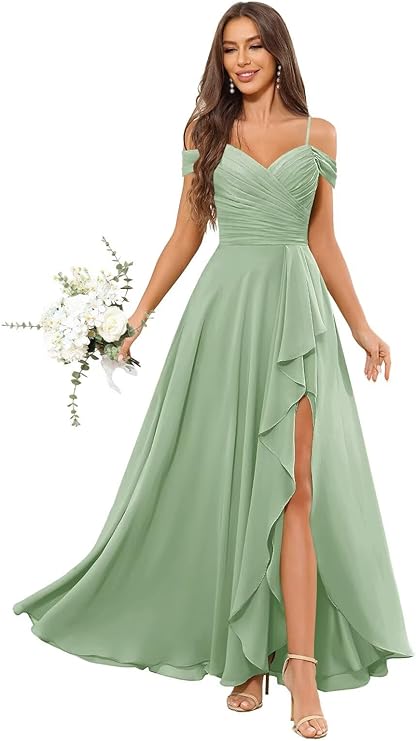 Lumidress Elegant Off-the-Shoulder Chiffon Bridesmaid Dress with Slit for Formal Events