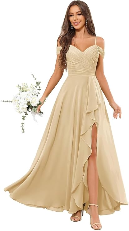 Lumidress Elegant Off-the-Shoulder Chiffon Bridesmaid Dress with Slit for Formal Events