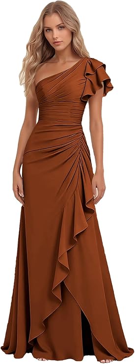 Lumidress Elegant One-Shoulder Ruched Chiffon Long Evening Gown with Ruffle Detail