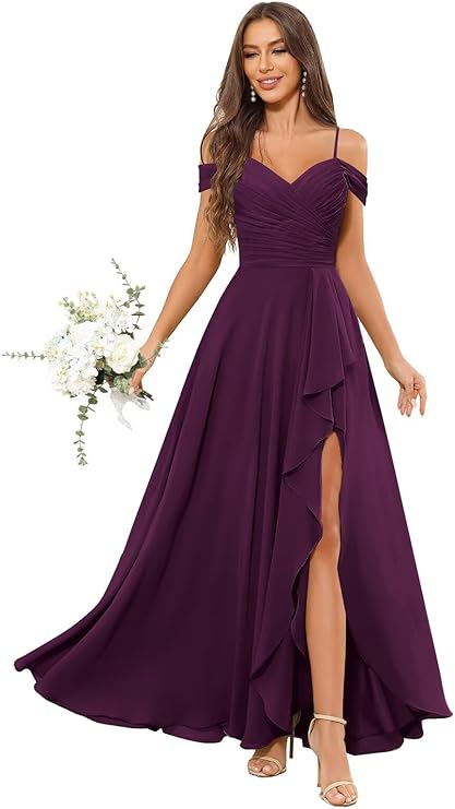 Lumidress Elegant Off-the-Shoulder Chiffon Bridesmaid Dress with Slit for Formal Events