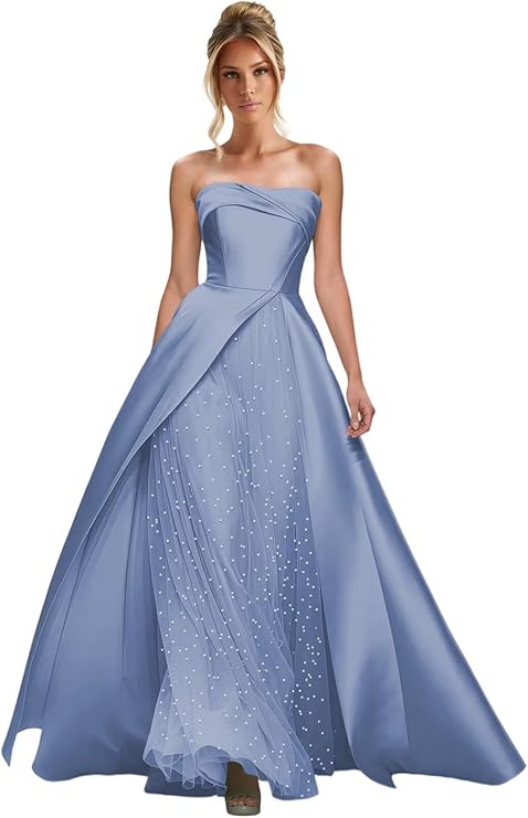 Lumidress Elegant Strapless A-Line Satin Evening Gown with Layered Tulle Skirt