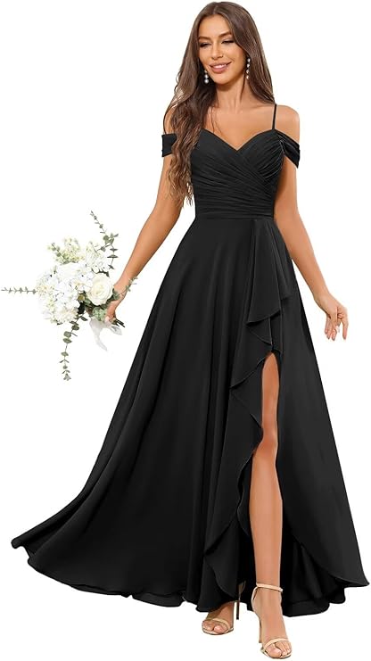 Lumidress Elegant Off-the-Shoulder Chiffon Bridesmaid Dress with Slit for Formal Events