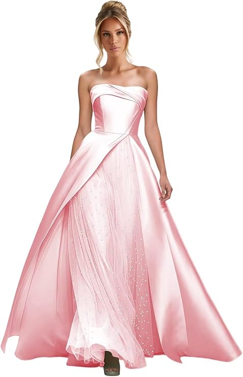 Lumidress Elegant Strapless A-Line Satin Evening Gown with Layered Tulle Skirt