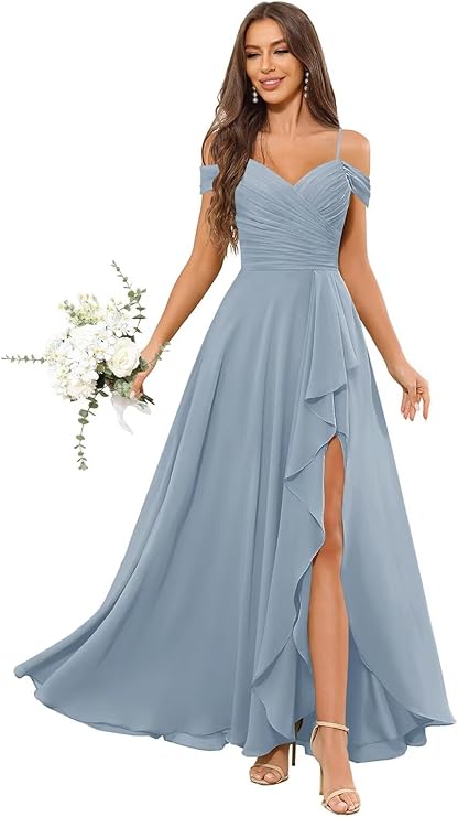 Lumidress Elegant Off-the-Shoulder Chiffon Bridesmaid Dress with Slit for Formal Events