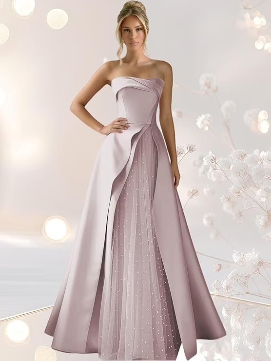 Lumidress Elegant Strapless A-Line Satin Evening Gown with Layered Tulle Skirt