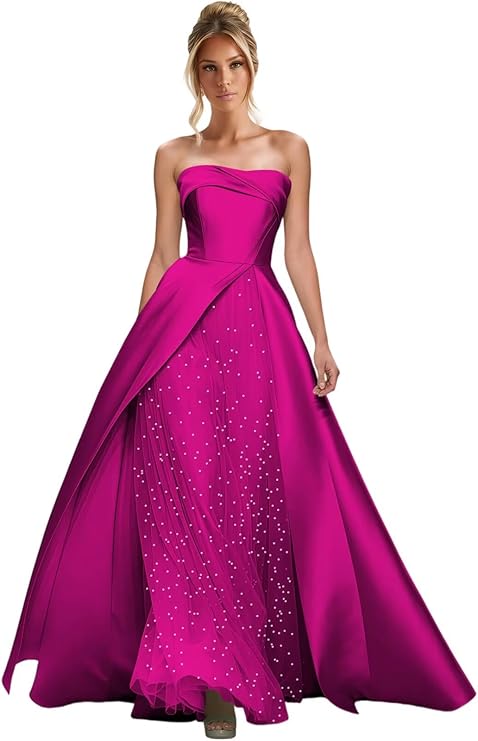 Lumidress Elegant Strapless A-Line Satin Evening Gown with Layered Tulle Skirt