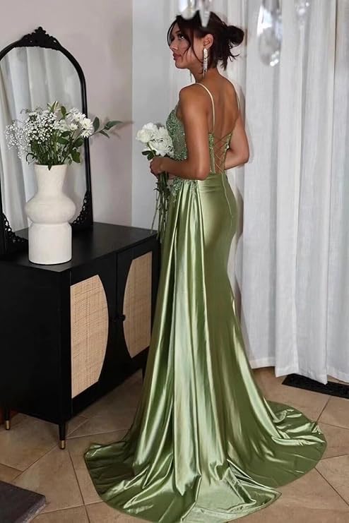 Lumidress Sage Green Embellished Corset Satin Gown with High Slit