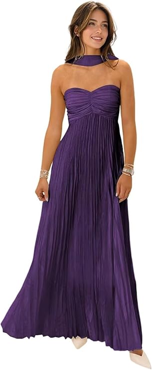 Lumidress Elegant Chiffon Sweetheart Neck A-Line Pleated Formal Evening Gown with Scarf