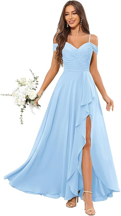 Lumidress Elegant Off-the-Shoulder Chiffon Bridesmaid Dress with Slit for Formal Events