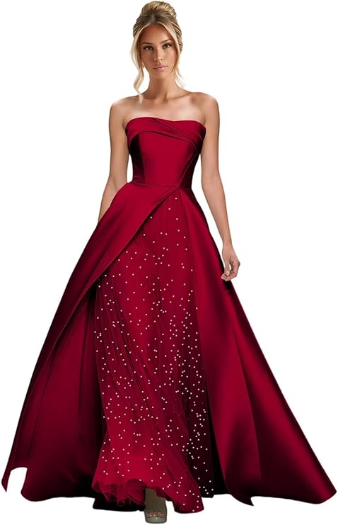 Lumidress Elegant Strapless A-Line Satin Evening Gown with Layered Tulle Skirt