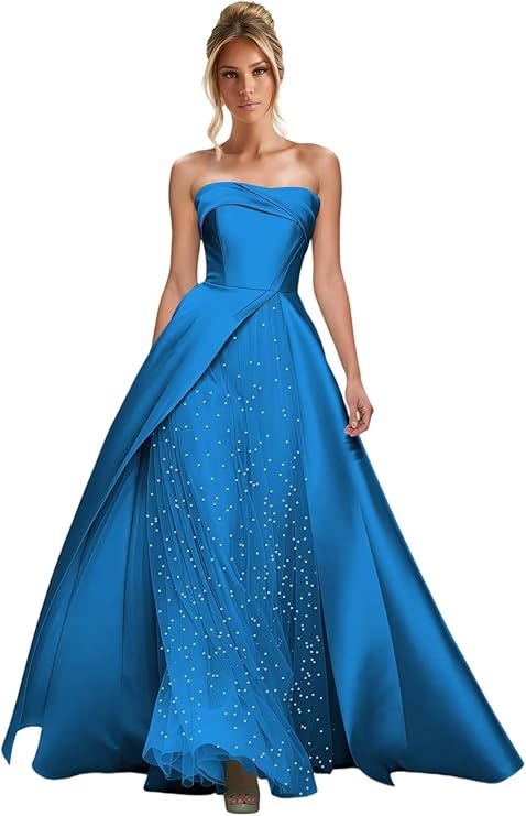 Lumidress Elegant Strapless A-Line Satin Evening Gown with Layered Tulle Skirt
