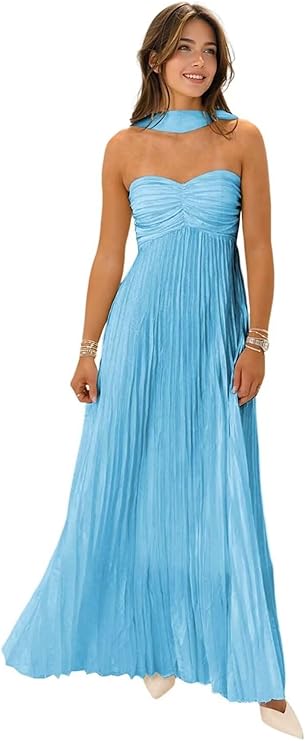Lumidress Elegant Chiffon Sweetheart Neck A-Line Pleated Formal Evening Gown with Scarf