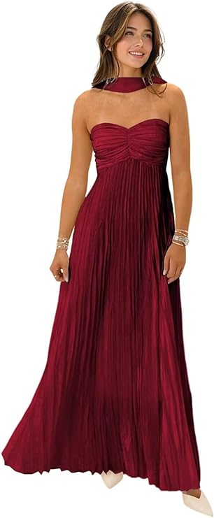 Lumidress Elegant Chiffon Sweetheart Neck A-Line Pleated Formal Evening Gown with Scarf