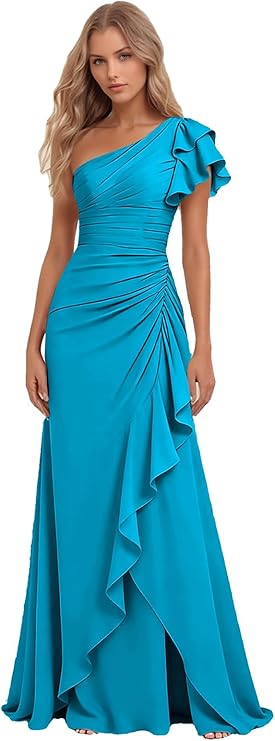 Lumidress Elegant One-Shoulder Ruched Chiffon Long Evening Gown with Ruffle Detail