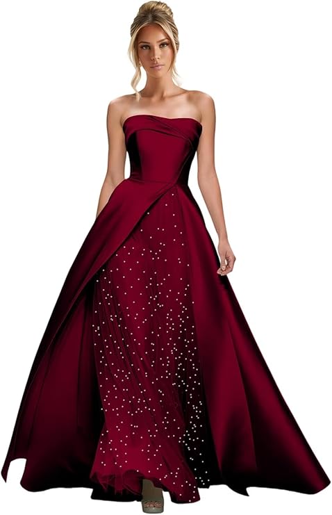 Lumidress Elegant Strapless A-Line Satin Evening Gown with Layered Tulle Skirt