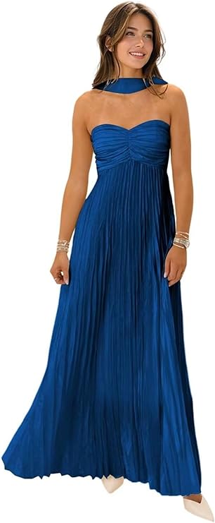 Lumidress Elegant Chiffon Sweetheart Neck A-Line Pleated Formal Evening Gown with Scarf