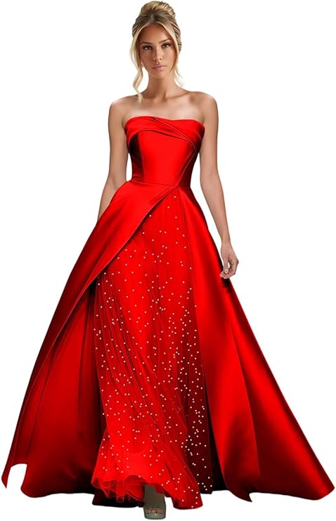 Lumidress Elegant Strapless A-Line Satin Evening Gown with Layered Tulle Skirt