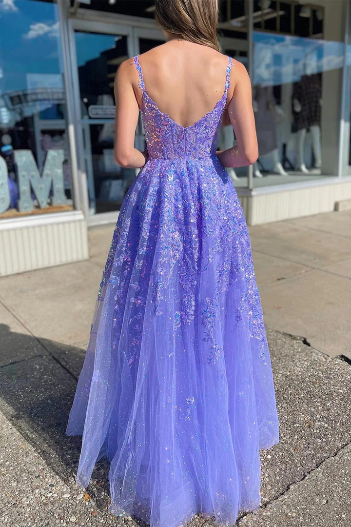 Lumidress Glamorous Lavender Sequin Scoop Neck A-Line Prom Dress with Slit