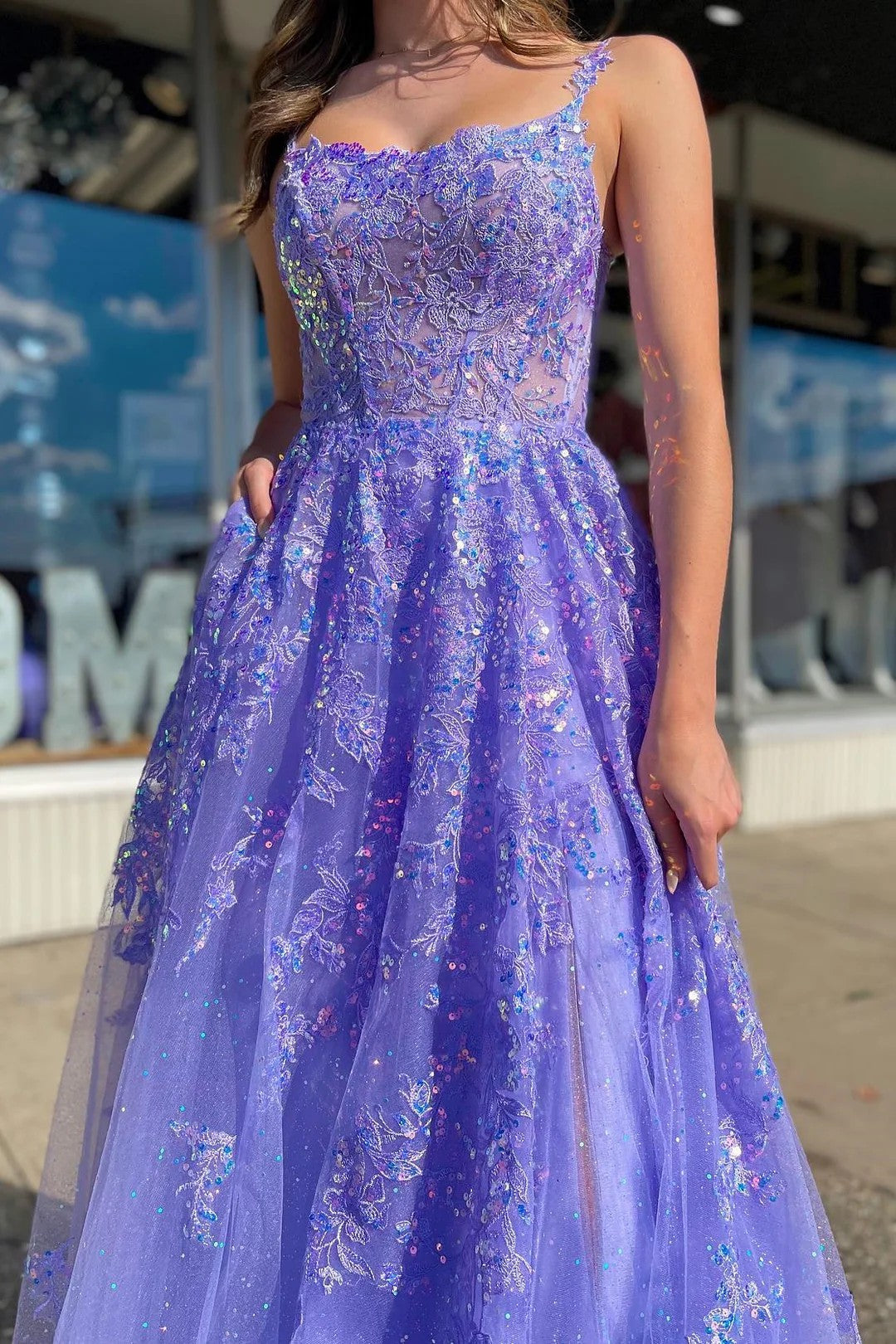 Lumidress Glamorous Lavender Sequin Scoop Neck A-Line Prom Dress with Slit