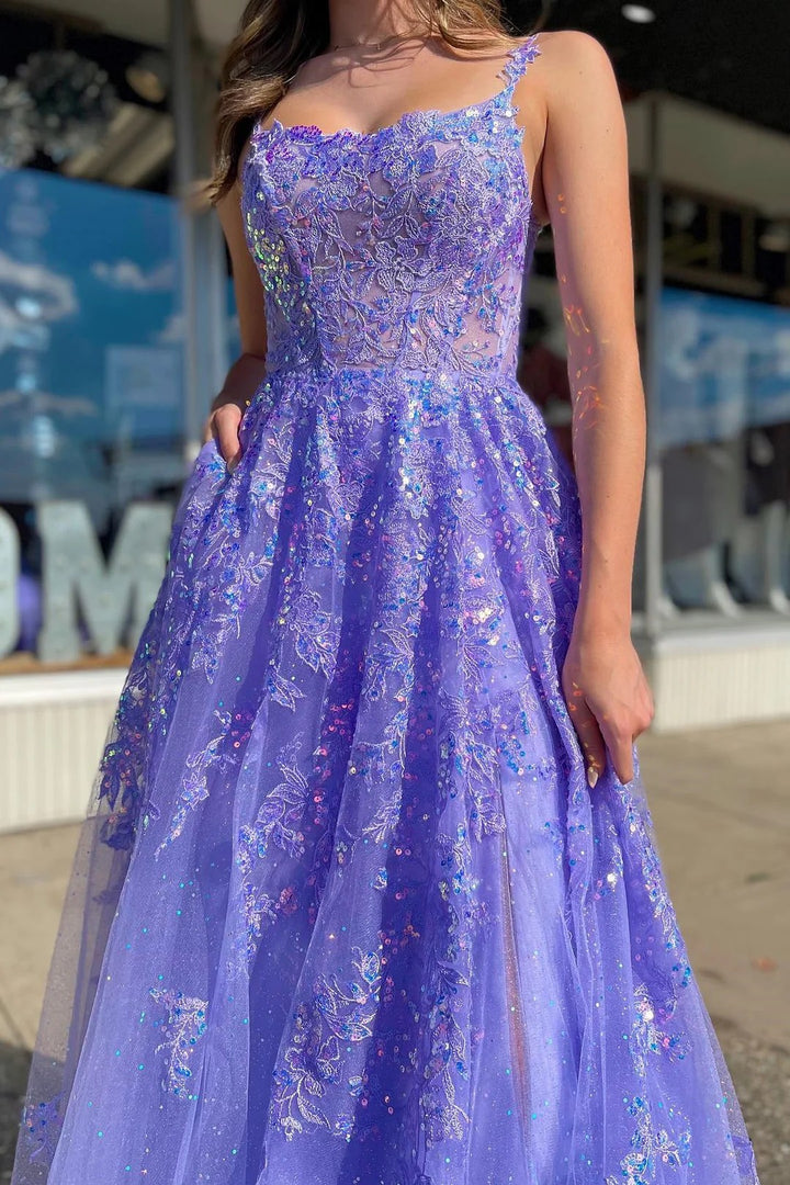 Lumidress Glamorous Lavender Sequin Scoop Neck A-Line Prom Dress with Slit