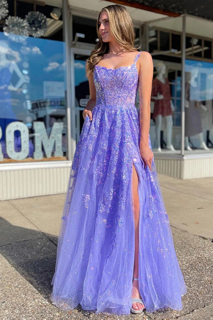 Lumidress Glamorous Lavender Sequin Scoop Neck A-Line Prom Dress with Slit