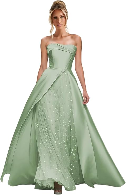 Lumidress Elegant Strapless A-Line Satin Evening Gown with Layered Tulle Skirt
