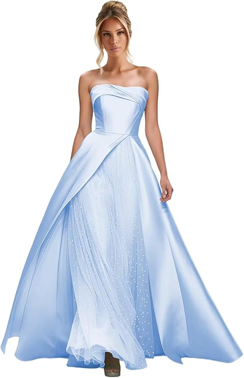 Lumidress Elegant Strapless A-Line Satin Evening Gown with Layered Tulle Skirt