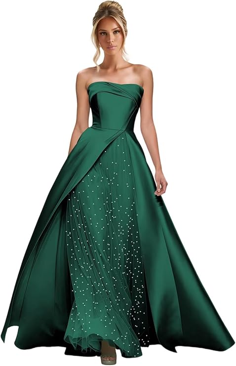 Lumidress Elegant Strapless A-Line Satin Evening Gown with Layered Tulle Skirt