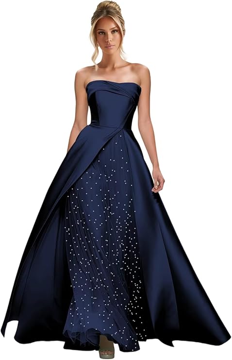 Lumidress Elegant Strapless A-Line Satin Evening Gown with Layered Tulle Skirt