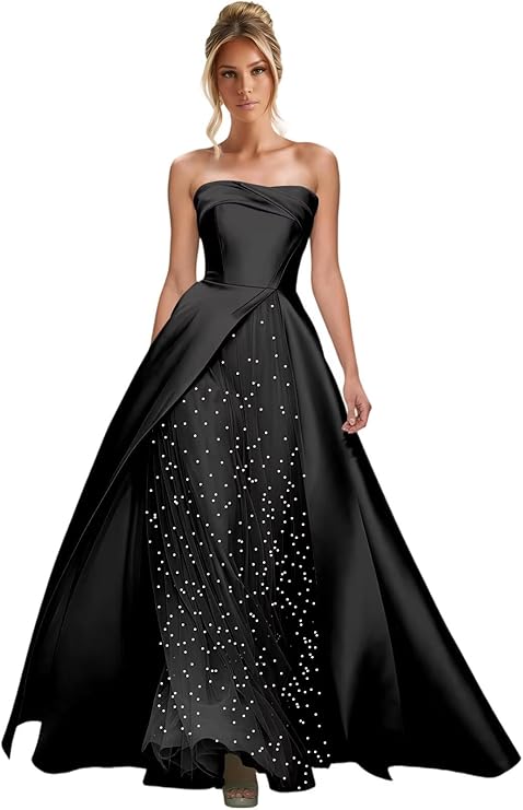 Lumidress Elegant Strapless A-Line Satin Evening Gown with Layered Tulle Skirt
