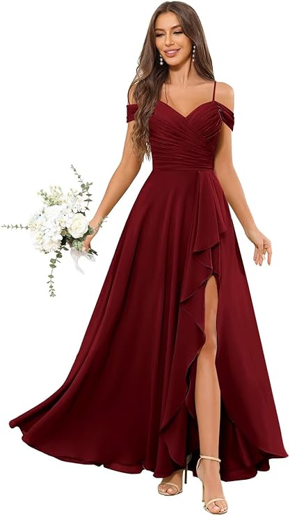 Lumidress Elegant Off-the-Shoulder Chiffon Bridesmaid Dress with Slit for Formal Events
