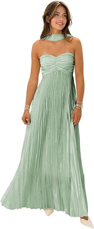 Lumidress Elegant Chiffon Sweetheart Neck A-Line Pleated Formal Evening Gown with Scarf