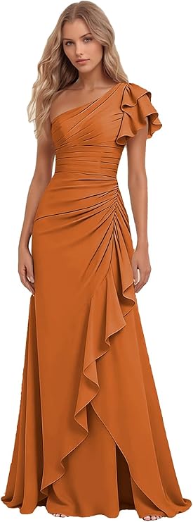 Lumidress Elegant One-Shoulder Ruched Chiffon Long Evening Gown with Ruffle Detail