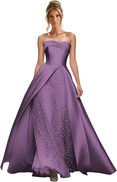 Lumidress Elegant Strapless A-Line Satin Evening Gown with Layered Tulle Skirt