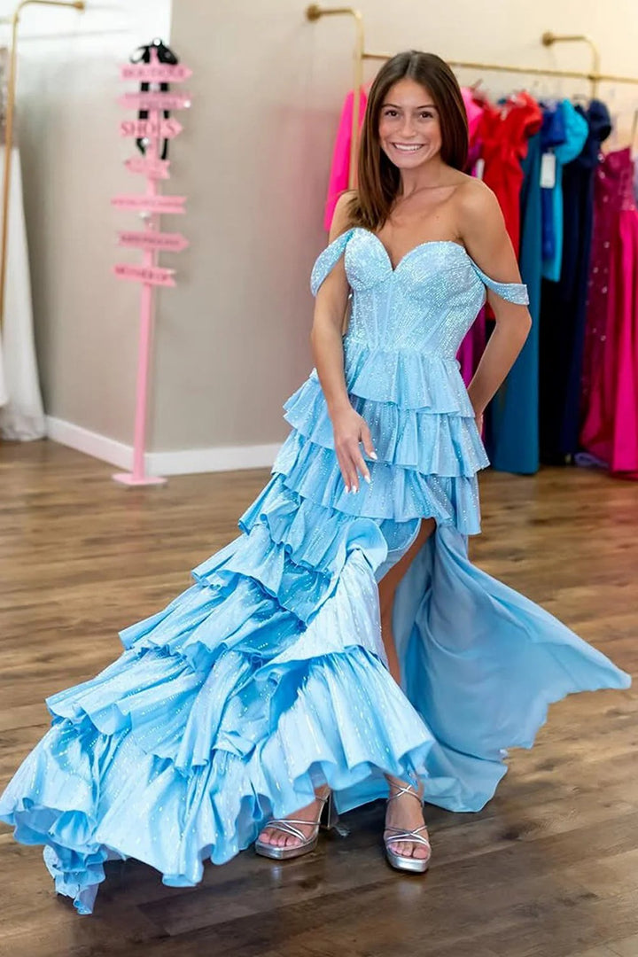 Lumidress Sky Blue Off-the-Shoulder Tiered Ruffle Mermaid Prom Gown with High Slit