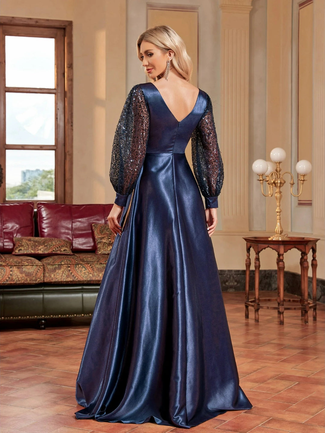 Lumidress Long Sleeve Sequin V-Neck Floor Length Evening Party Formal Dress