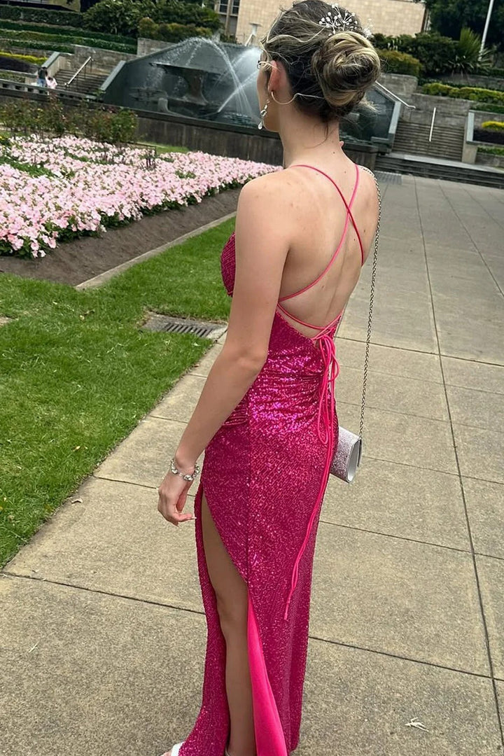 Lumidress Long Fuchsia Sequin Mermaid Party &amp; Prom Dress with V-Neck