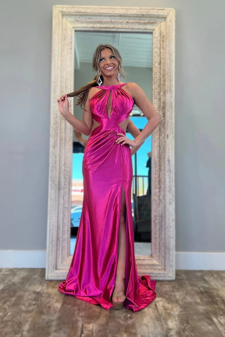Lumidress Radiant Fuchsia Satin Cut-Out Mermaid Evening Gown with Halter Neck